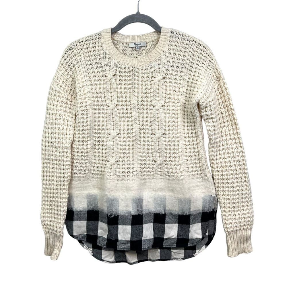 Madewell Womens Wool Sweater Cable Knit Crew Neck Plaid Hi Low Hem Cream SZ XS*